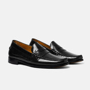 MORTERO penny loafer negro vista trasera suela de cuero
