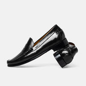 MORTERO penny loafer negro vista diagonal hecho a mano

