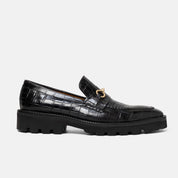 BATAN mocasín negro piel cocodrilo bordo tejido vista frontal edición limitada
