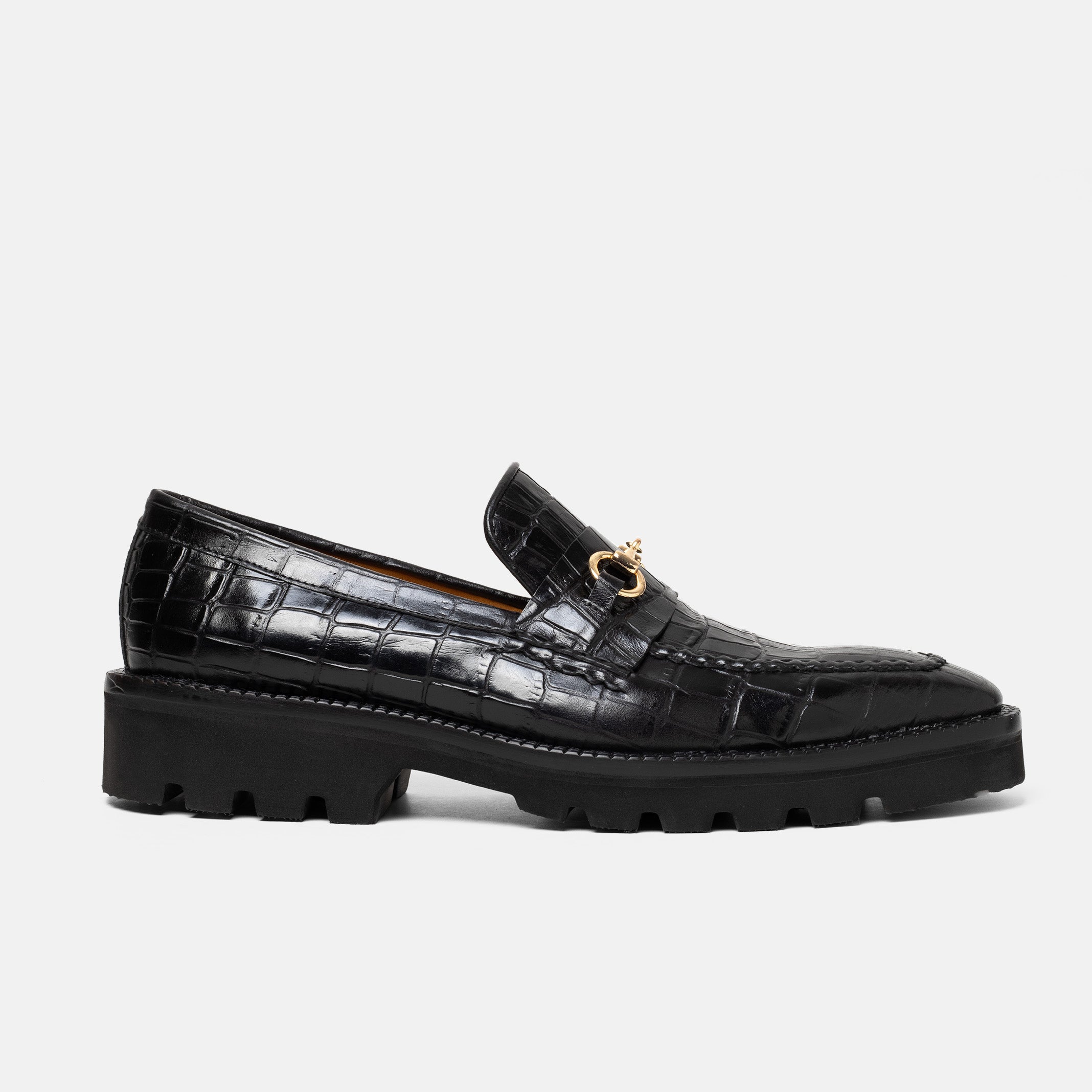BATAN mocasín negro piel cocodrilo bordo tejido vista frontal edición limitada
