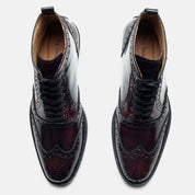 CATRIN brogue wing tip botín burgundy detalle construcción artesanal México
