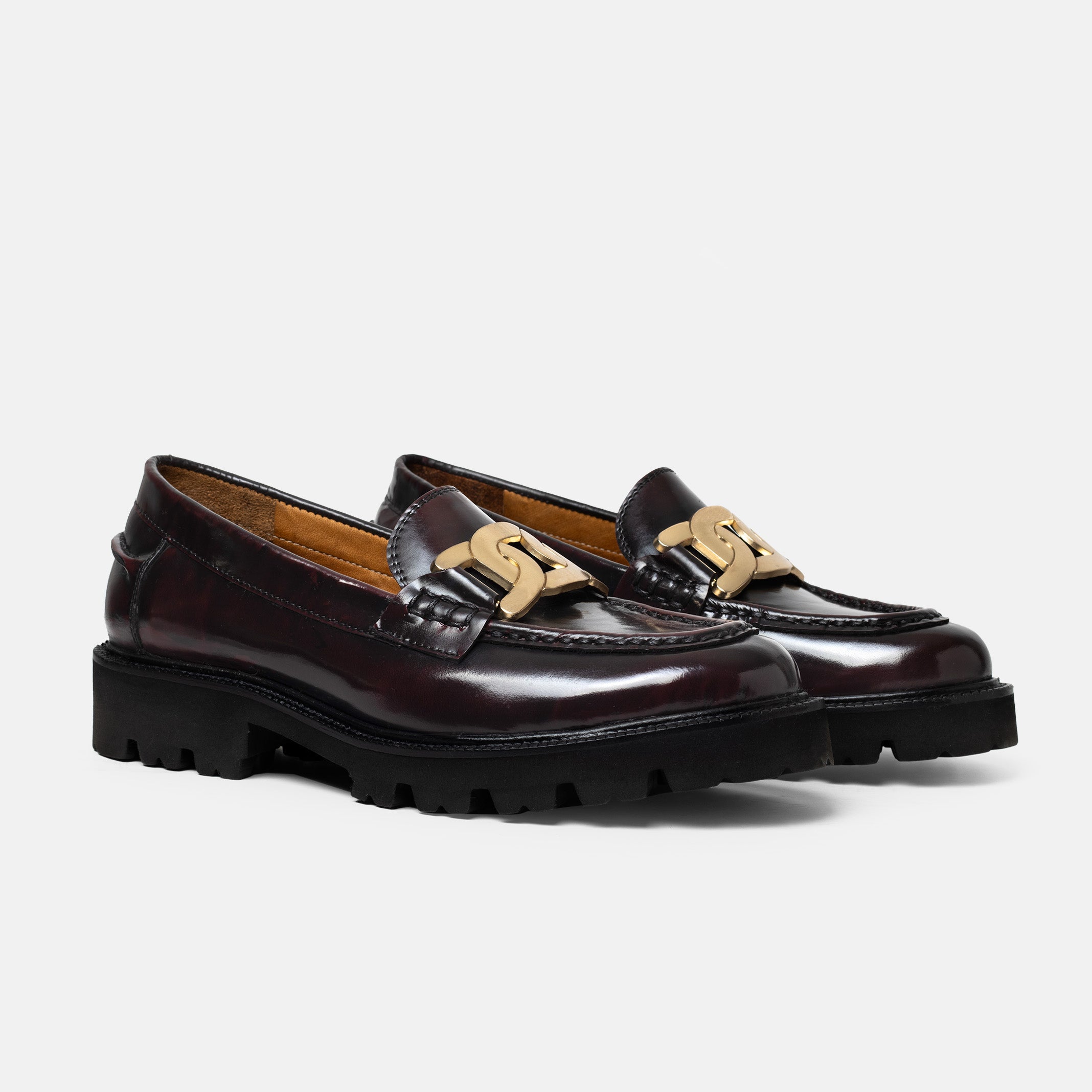 CATRINA mocasín mujer burgundy vista trasera piel natural pulida a mano
