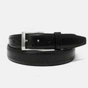 Cinturón brogue negro de cuero premium con diseño perforado clásico, accesorio elegante para hombre fabricado artesanalmente.