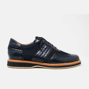 RESETE derby técnico azul navy corte híbrido malla piel vista frontal
