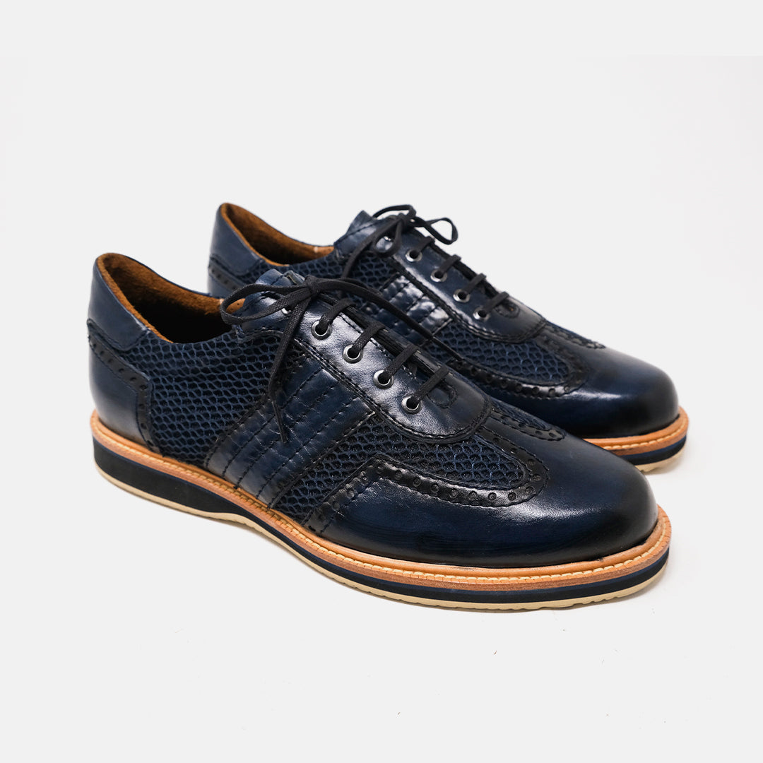 RESETE derby azul navy vista trasera manufactura a mano México
