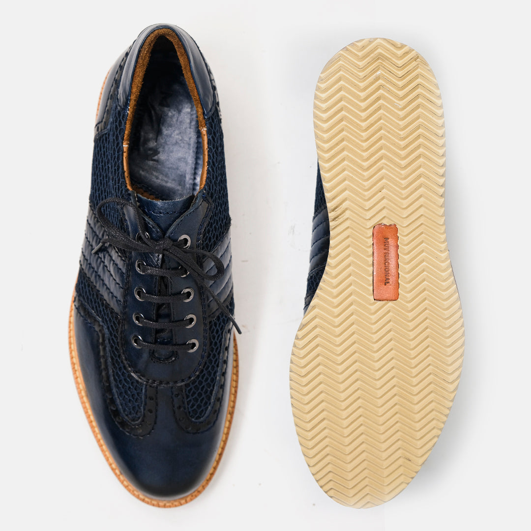 RESETE zapato derby técnico azul navy vista superior refuerzos visibles artesanal

