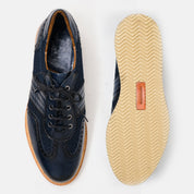 RESETE zapato derby técnico azul navy vista superior refuerzos visibles artesanal
