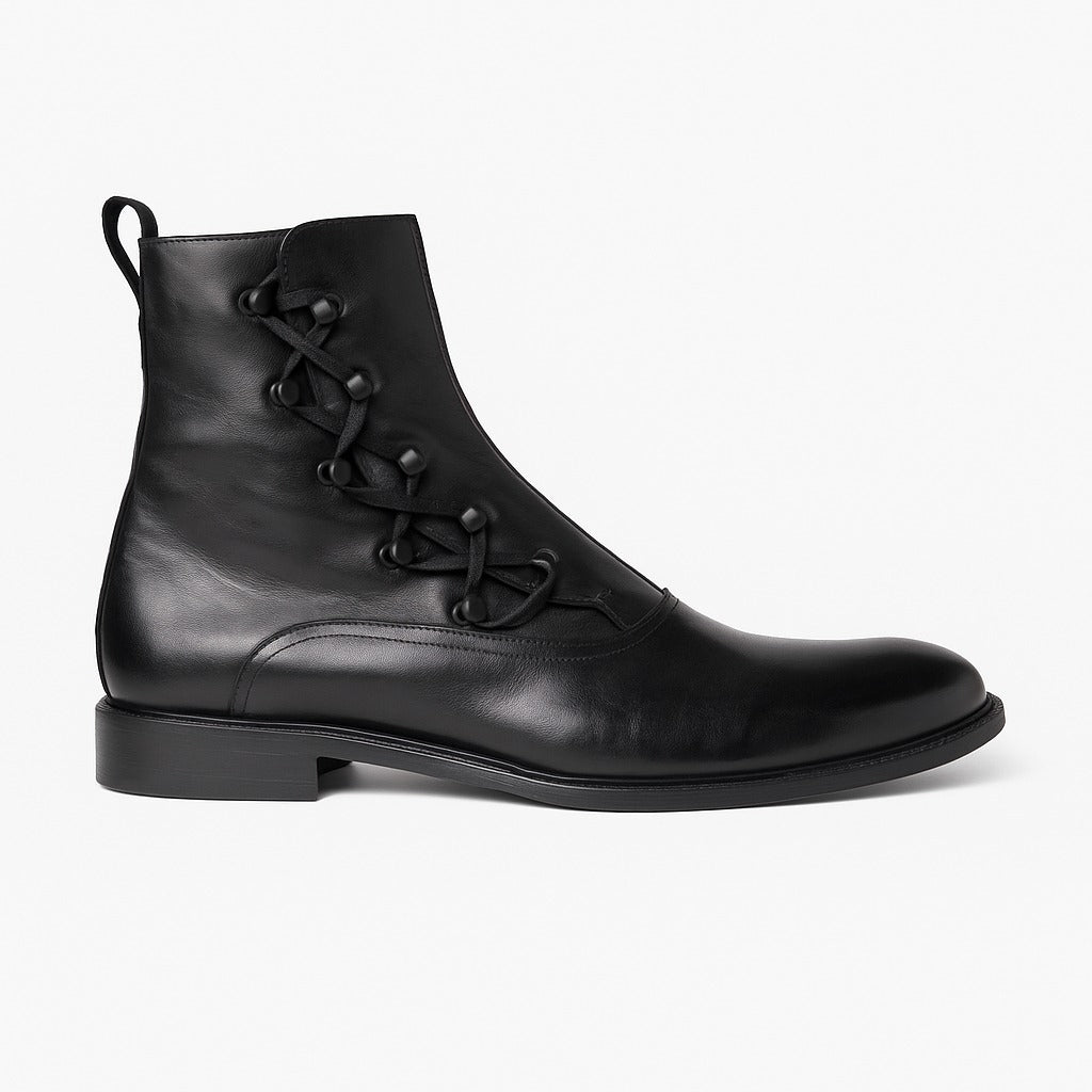YUTE bota negro vista lateral agujetas cruzadas diseño contemporáneo minimalista
